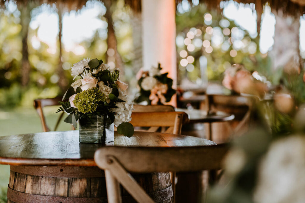 table decor on the cocktail hour tables at a wedding venue in miami
