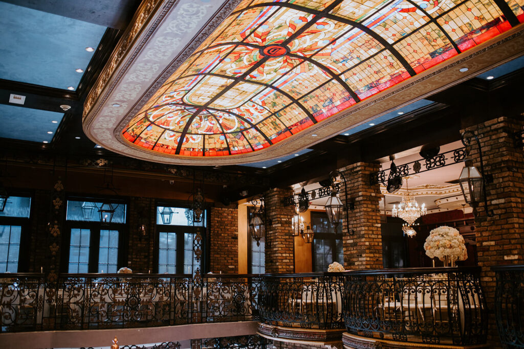the beautiful intricatse ceiling inside of the Cruz Building in the neighborhood of Coconut Grove