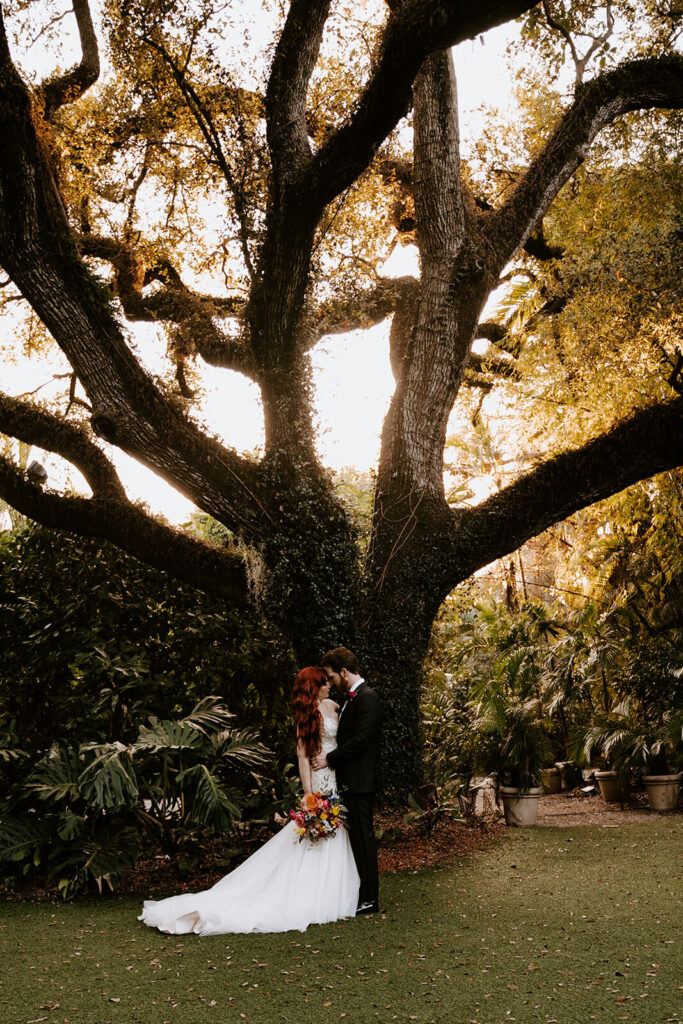 a couple poses in front of a giant tree at golden hour on their wedding day at Villa Woodbine in Miami