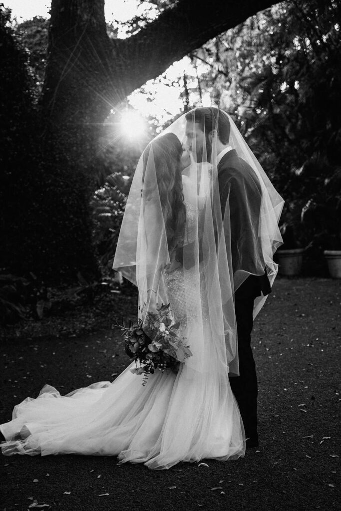 a couple kisses under their veil while the sun is behind them on their wedding day