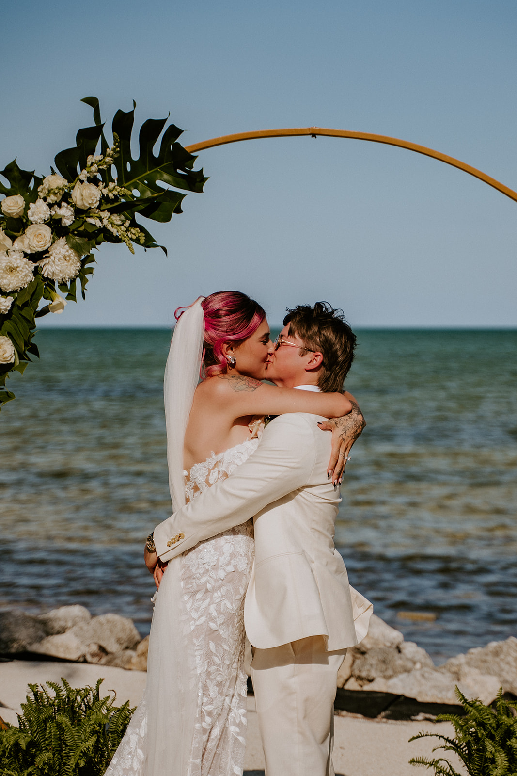 Couple kisses at destination wedding ceremony in the Keys