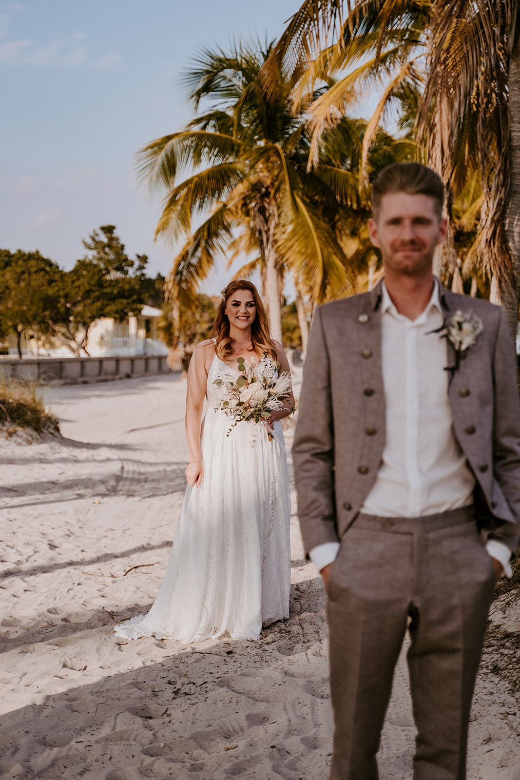 Bride and groom have a first look before their Miami wedding ceremony