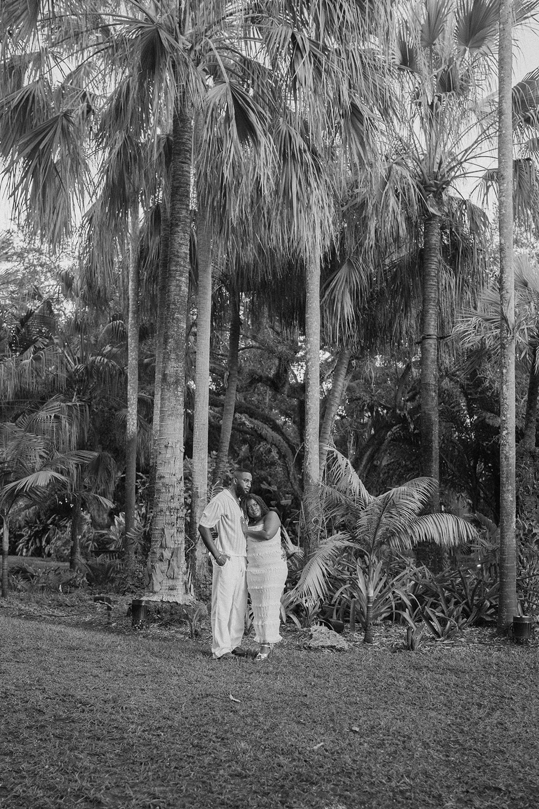 Black and white photo at Fairchild Tropical Botanic Garden engagement photos